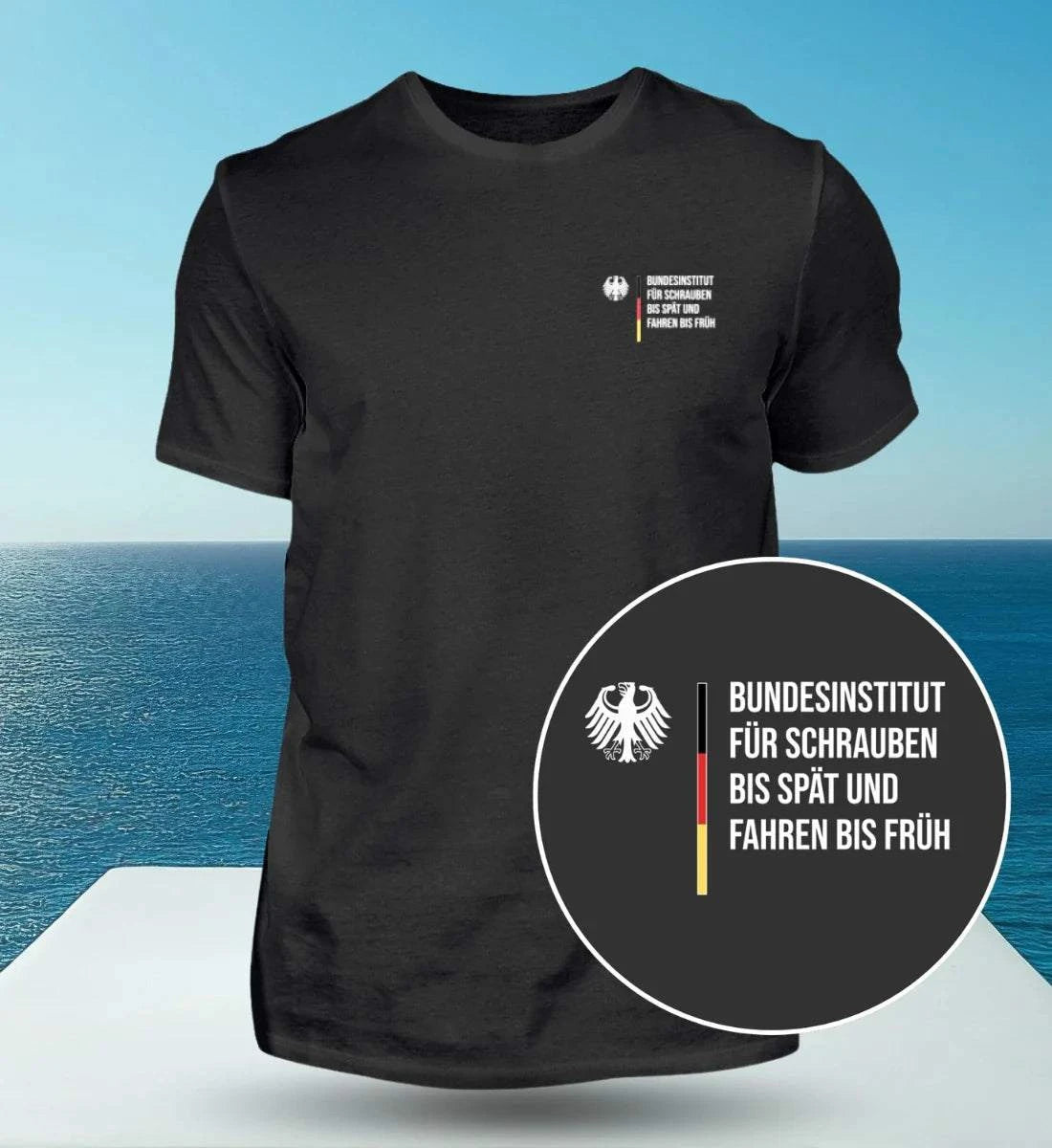 Image of Black Bundesinstitut für Schrauben unisex cotton t-shirt with humorous text and eagle graphic on chest