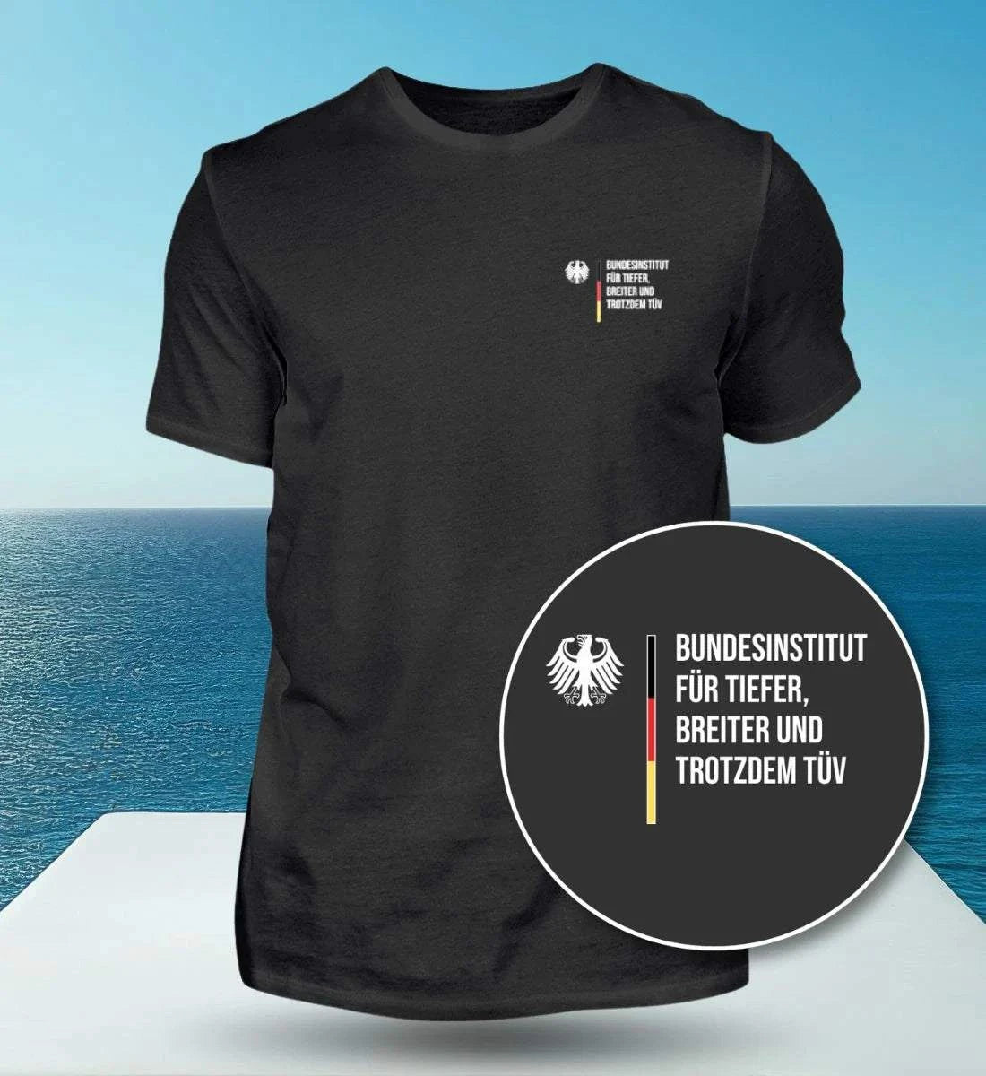 Image of Black Bundesinstitut für Tiefer printed T-shirt with German eagle emblem and text, made of premium 100% cotton in unisex fit.