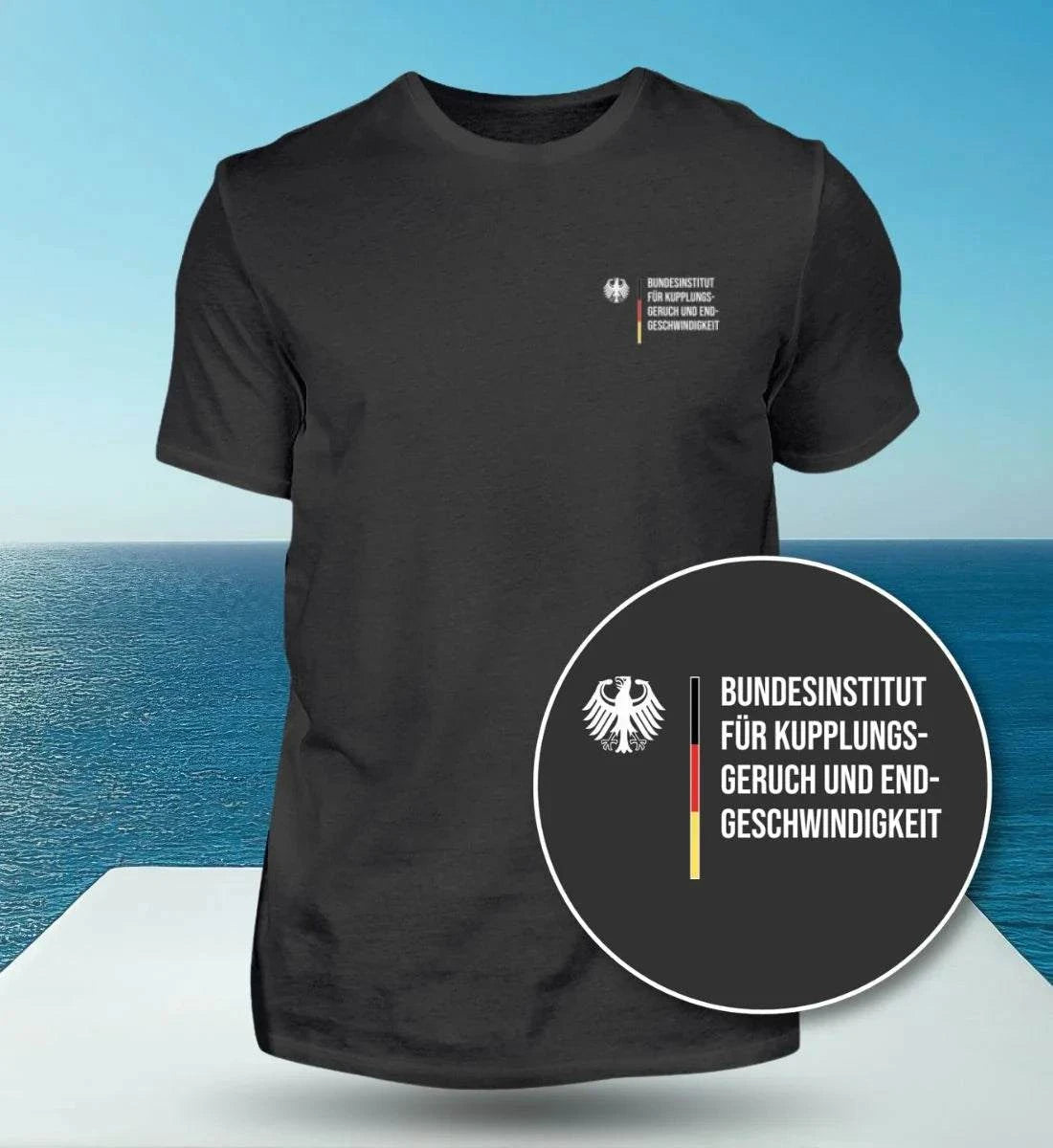 Image of Black Bundesinstitut für Kupplungsgeruch printed unisex cotton t-shirt with round neck and durable double stitching.