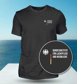 Image of Black Bundesinstitut für Lackpflege unisex t-shirt with logo and text print on chest, made of premium 100% cotton with durable stitching and casual fit.