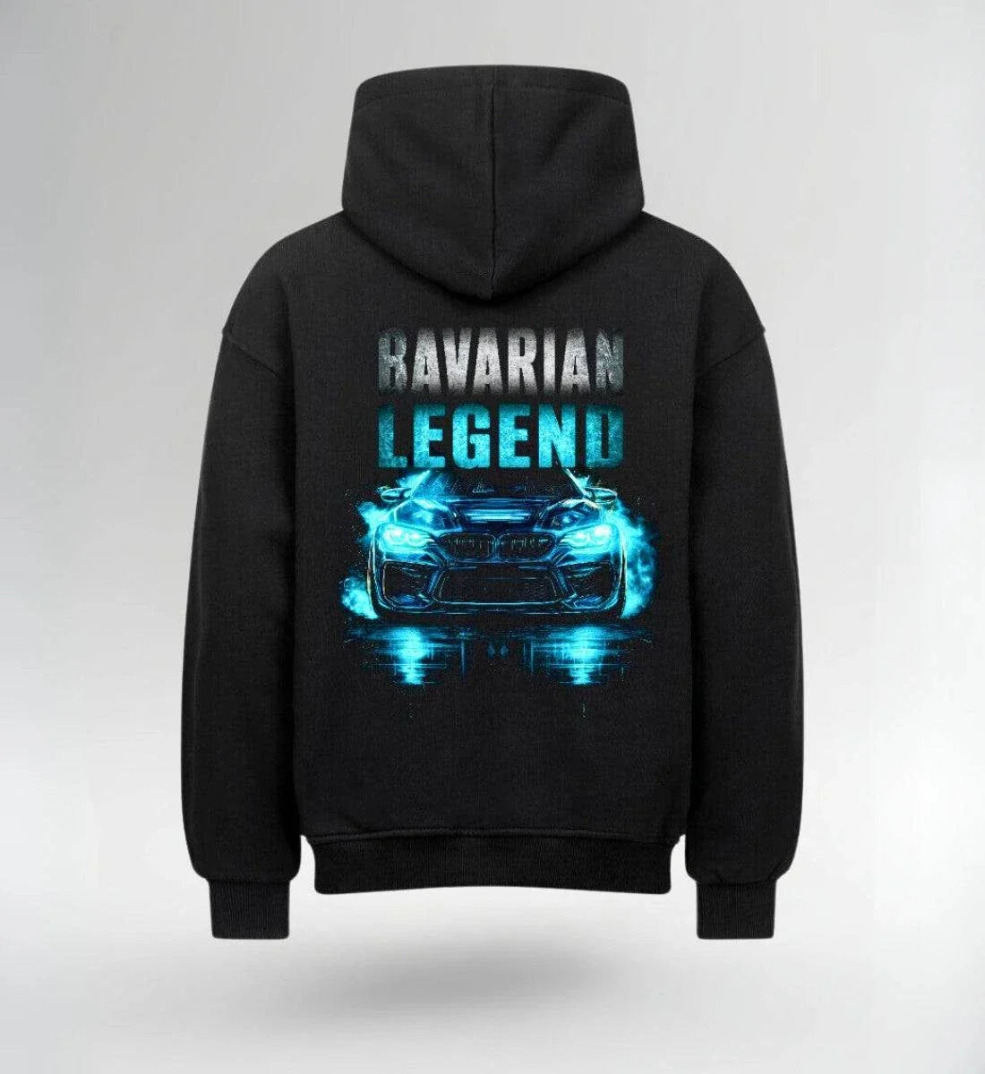 Black Bavarian Legend oversized hoodie with blue illuminated car print and no drawstrings, heavy cotton, streetwear style