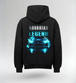 Image of Black Bavarian Legend oversized hoodie with blue illuminated car print and no drawstrings, heavy cotton, streetwear style
