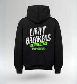 Image of Limit Breakers PRESTIGE Oversized Hoodie black heavy cotton with bold street rebels print on back
