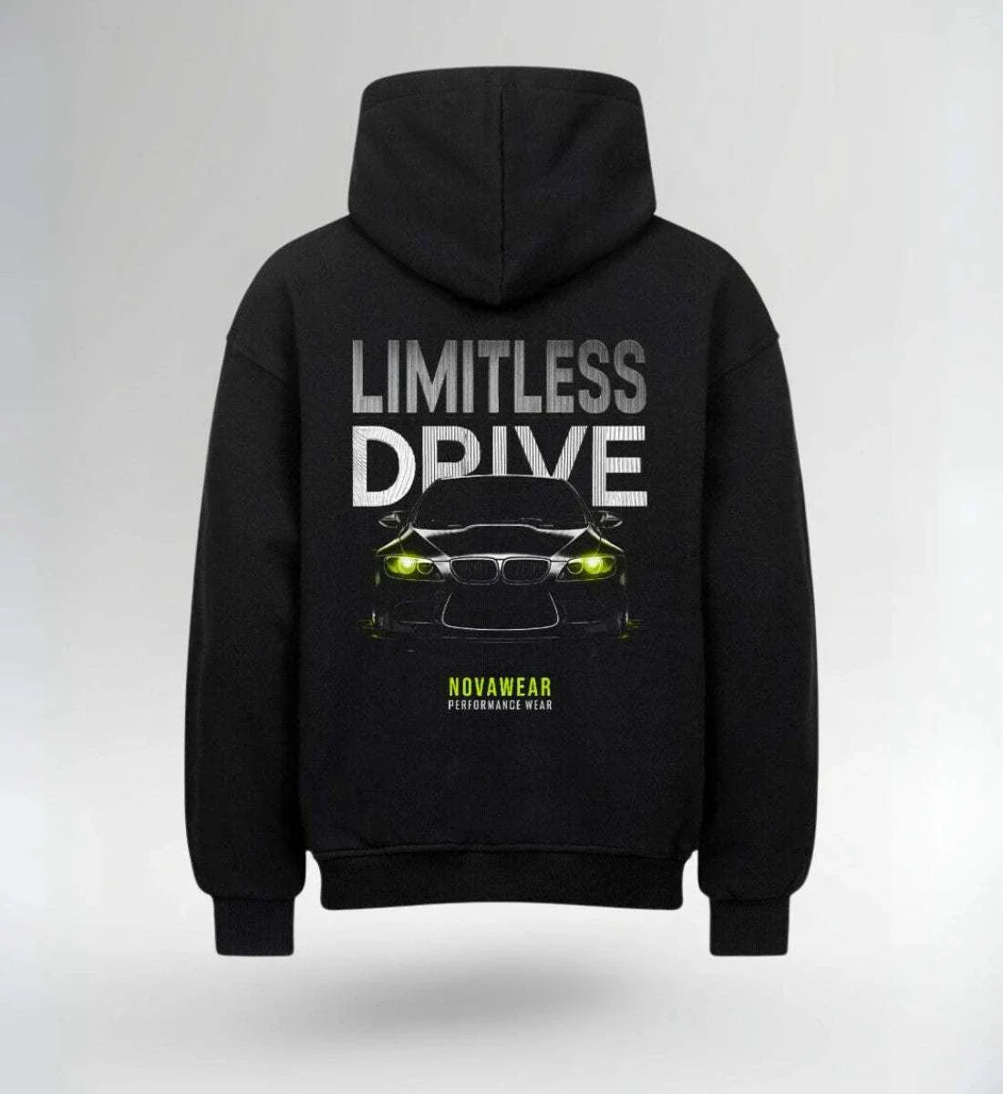 LIMITLESS DRIVE PRESTIGE Oversized Hoodie schwarz mit Neon-Backprint, schwerer 380 GSM Baumwollmix, urbaner Style, warm und langlebig