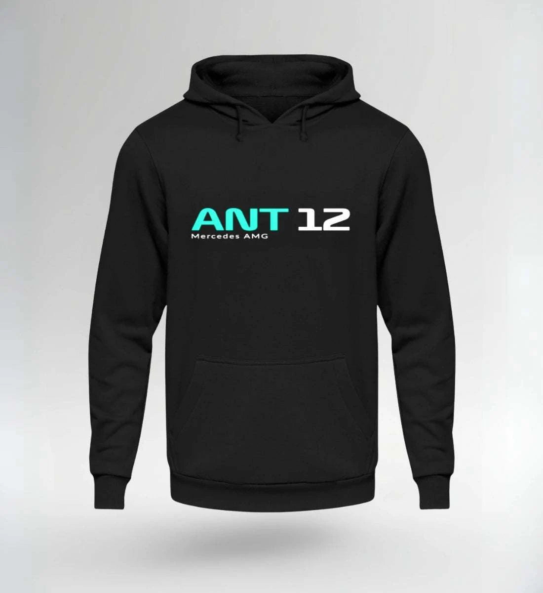 Image of NOVAWEAR ANT 12 black motorsport hoodie with turquoise and white logo, limited edition streetwear