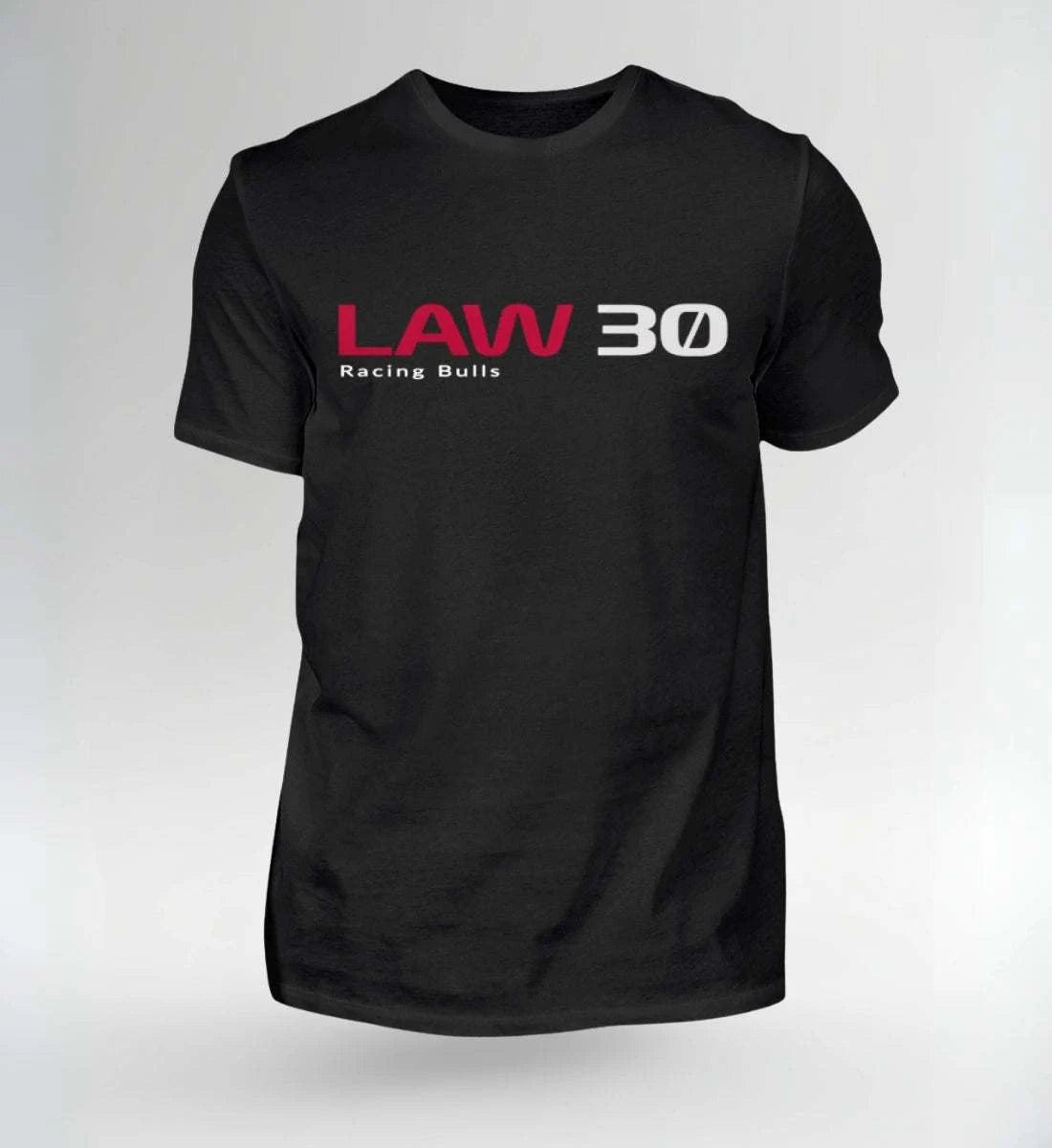 Schwarzes NOVAWEAR LAW 30 Motorsport Shirt mit rotem und weißem Logo, fair produziert, lässiger Schnitt, limitierte Streetwear für Racing-Fans