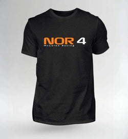 Image of Schwarzes NOVAWEAR NOR 4 Motorsport Shirt mit orange-weißem McLaren Racing Logo, limitierte Edition, nachhaltiger Baumwollstoff, lässiger Schnitt, Motorsport Streetwear