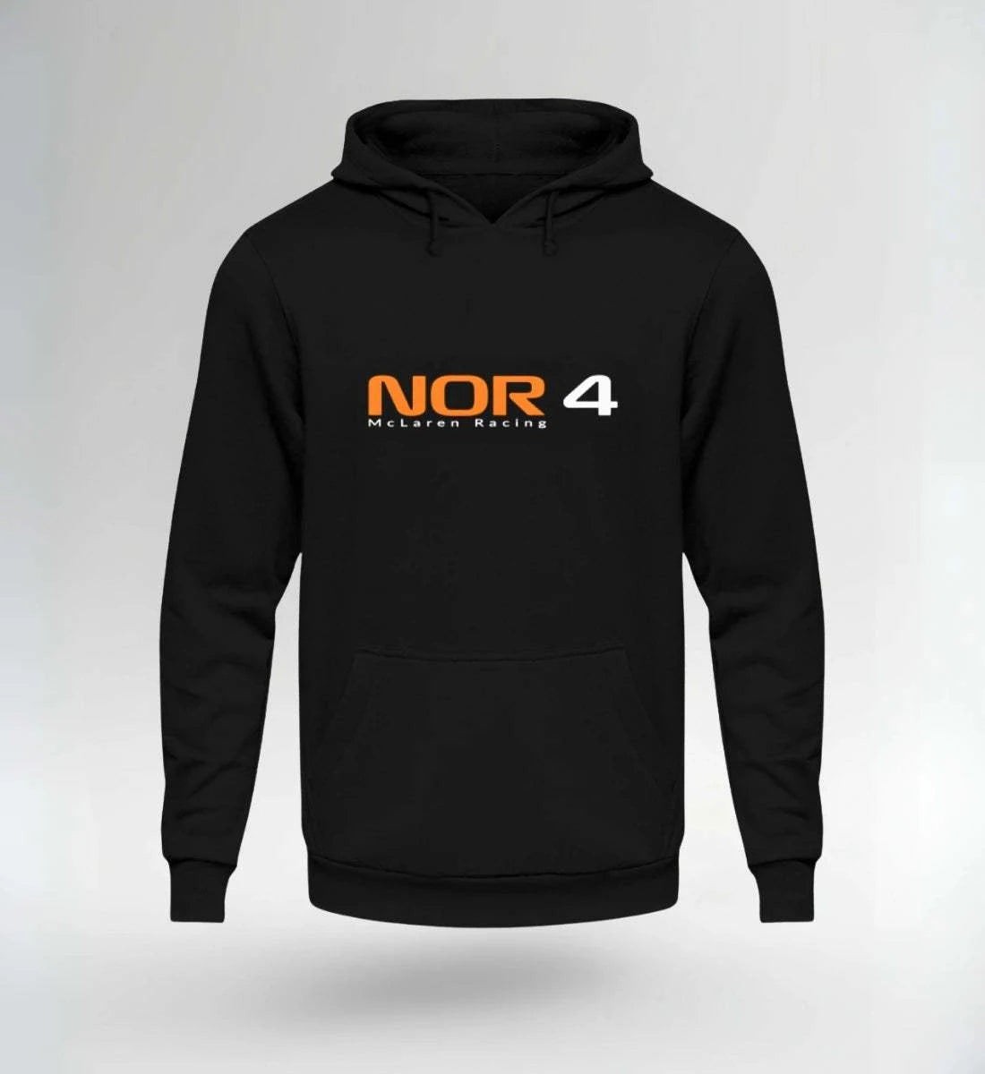 Image of NOVAWEAR NOR 4 Motorsport Hoodie black streetwear with orange and white racing logo, limited edition design