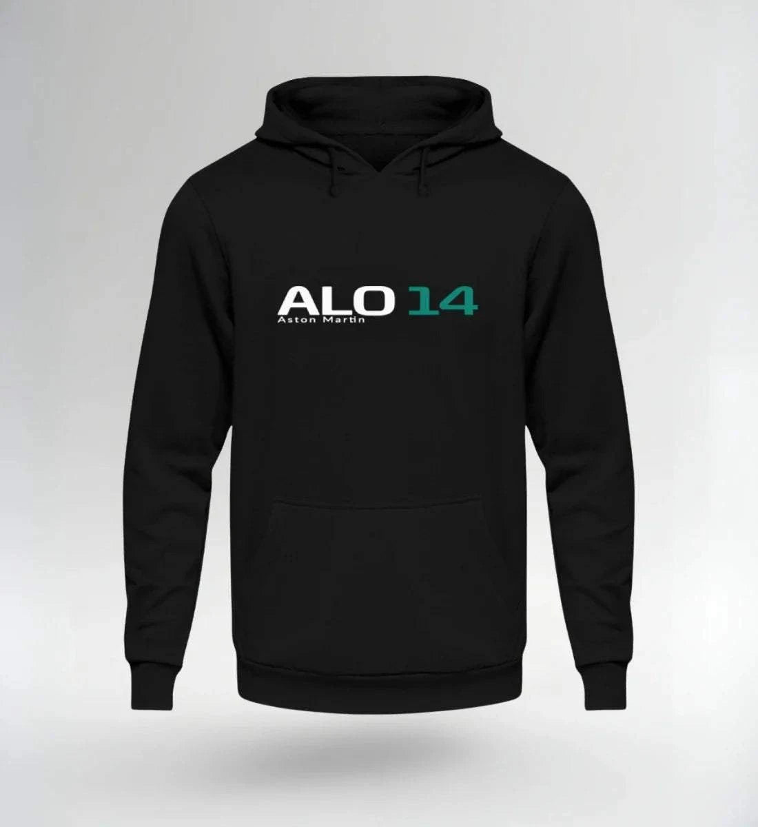 Image of Black NOVAWEAR ALO 14 Motorsport Hoodie with logo print, motorsport streetwear style, soft durable fabric, limited edition design