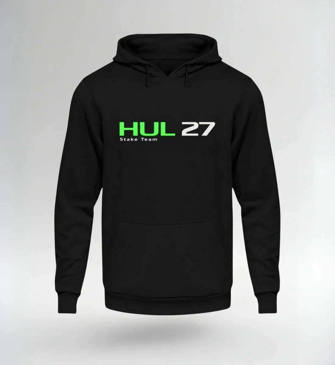 Image of NOVAWEAR HUL 27 Motorsport Hoodie black unisex streetwear with green and white logo, limited edition comfortable and stylish pullover.
