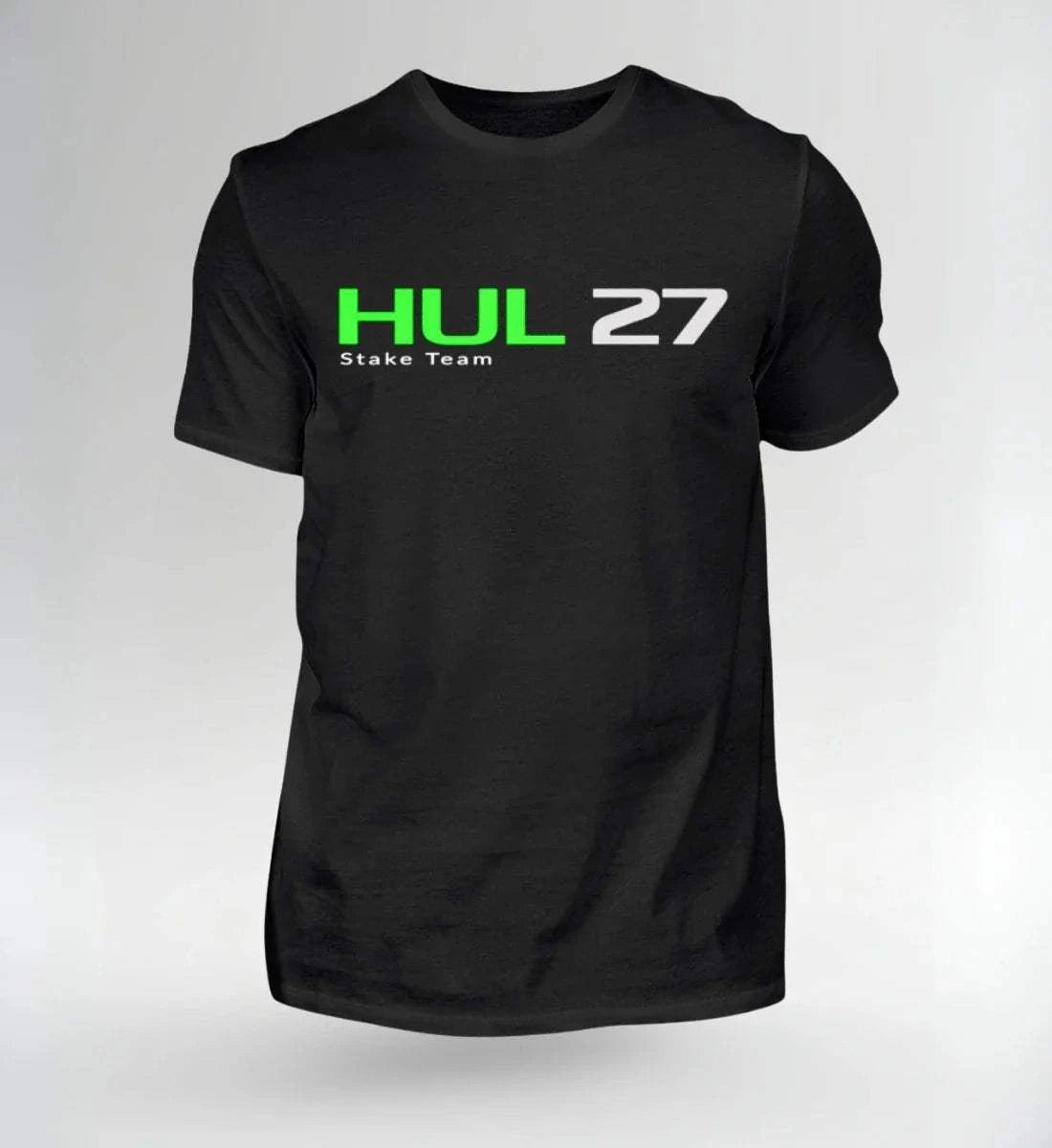Schwarzes NOVAWEAR HUL 27 Motorsport Shirt mit grün-weißem Schriftzug und lässigem Schnitt, nachhaltige Streetwear für Motorsportfans