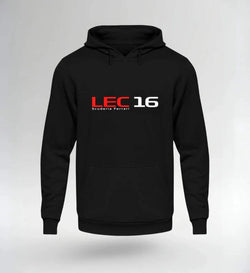 Image of Black NOVAWEAR LEC 16 Motorsport Hoodie with red and white logo and front pocket, limited edition streetwear