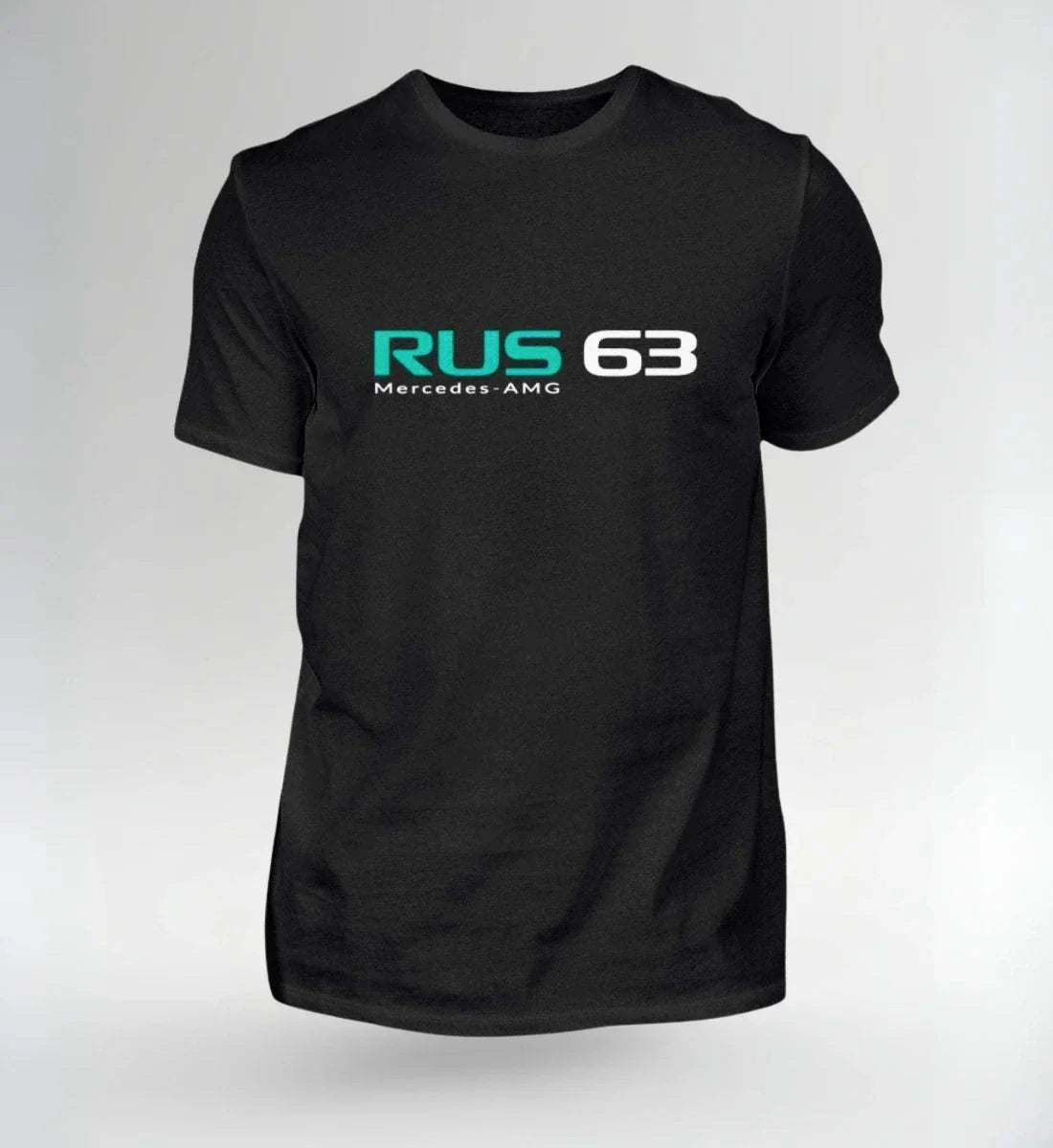 Image of NOVAWEAR RUS 63 Motorsport Shirt black with RUS 63 Mercedes-AMG logo, limited edition streetwear, casual fit, sustainable cotton fabric