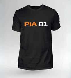 Image of NOVAWEAR PIA 81 Motorsport Shirt in black with bold orange and white logo, sustainable cotton tee for racing fans
