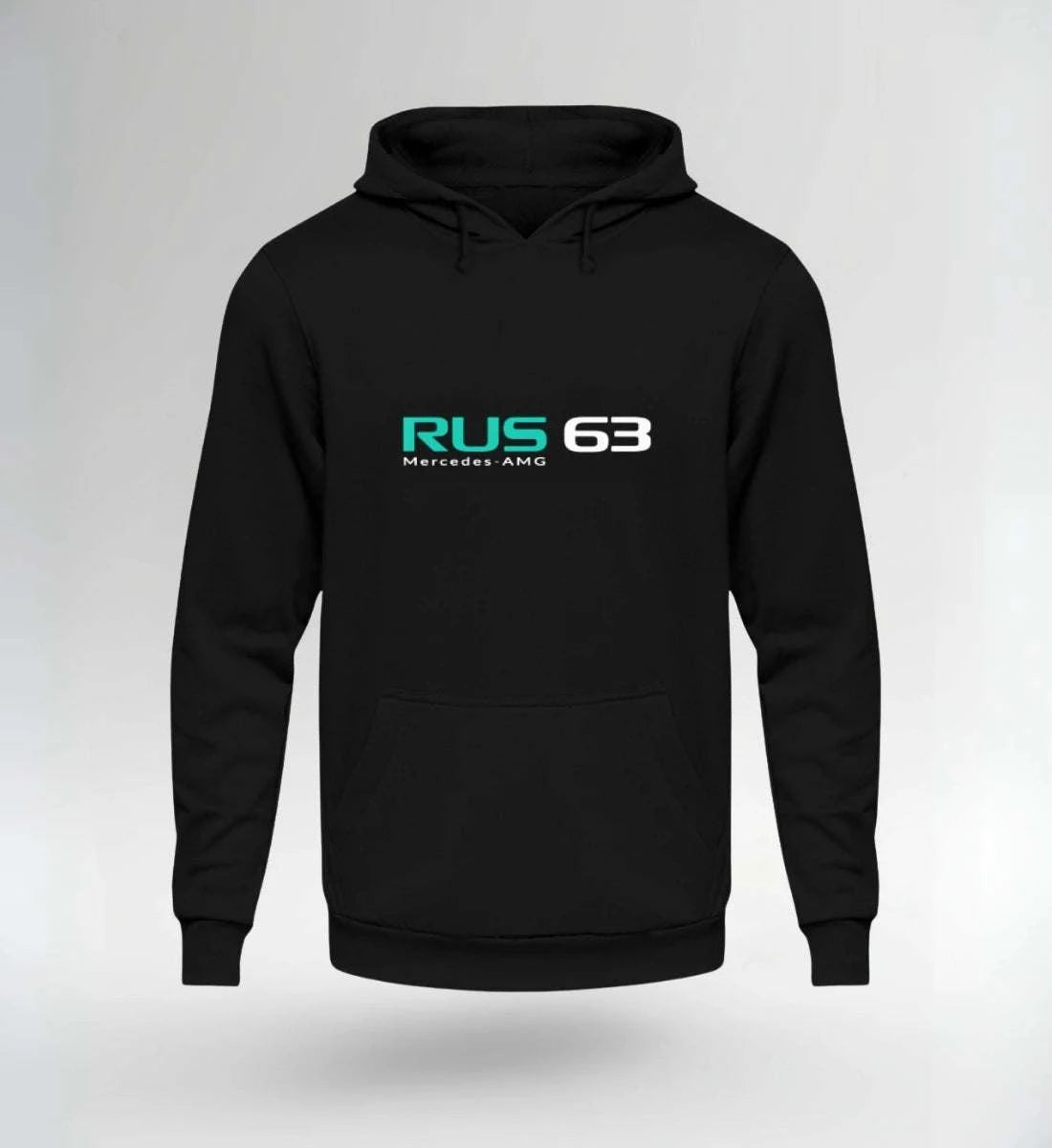 Image of Black NOVAWEAR RUS 63 Motorsport Hoodie with turquoise and white logo, limited edition streetwear design