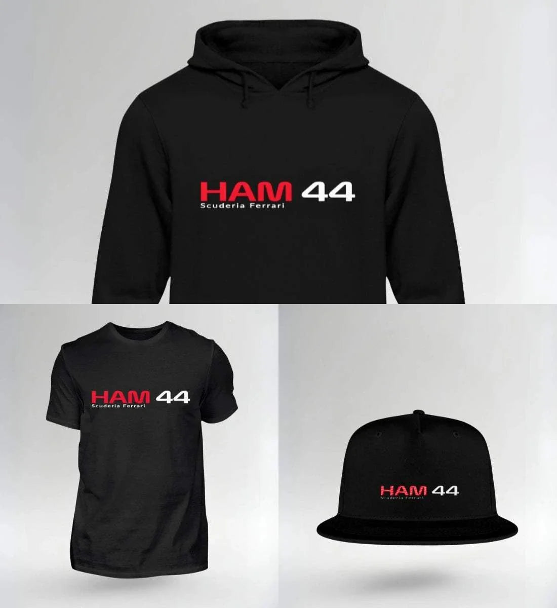 Image of NOVAWEAR HAM 44 Fan Pack mit Hoodie, T-Shirt und Cap in Schwarz mit rotem und weißem HAM 44 Schriftzug