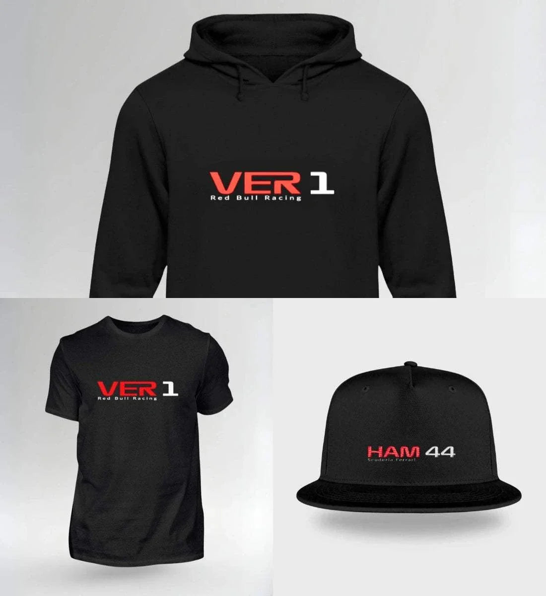 Bundle-Produkt mit schwarzem Hoodie, T-Shirt und Cap, alle mit VER 1 und HAM 44 Logos in Rot und Weiß.