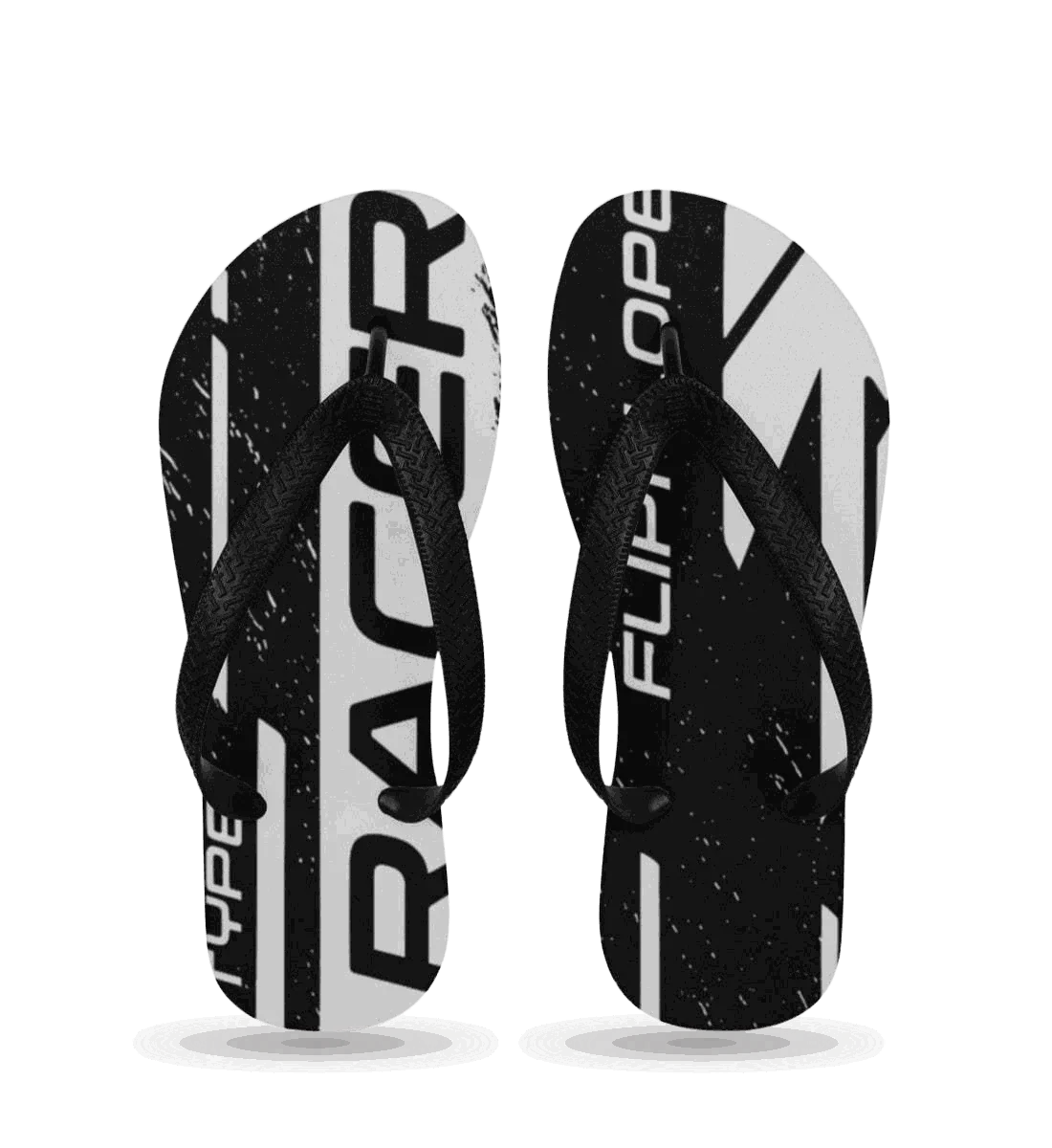 FlipFlop Racer schwarz-weiß mit Motorsport-Print und bequemer Gummisohle, limitierte Novawear Edition.