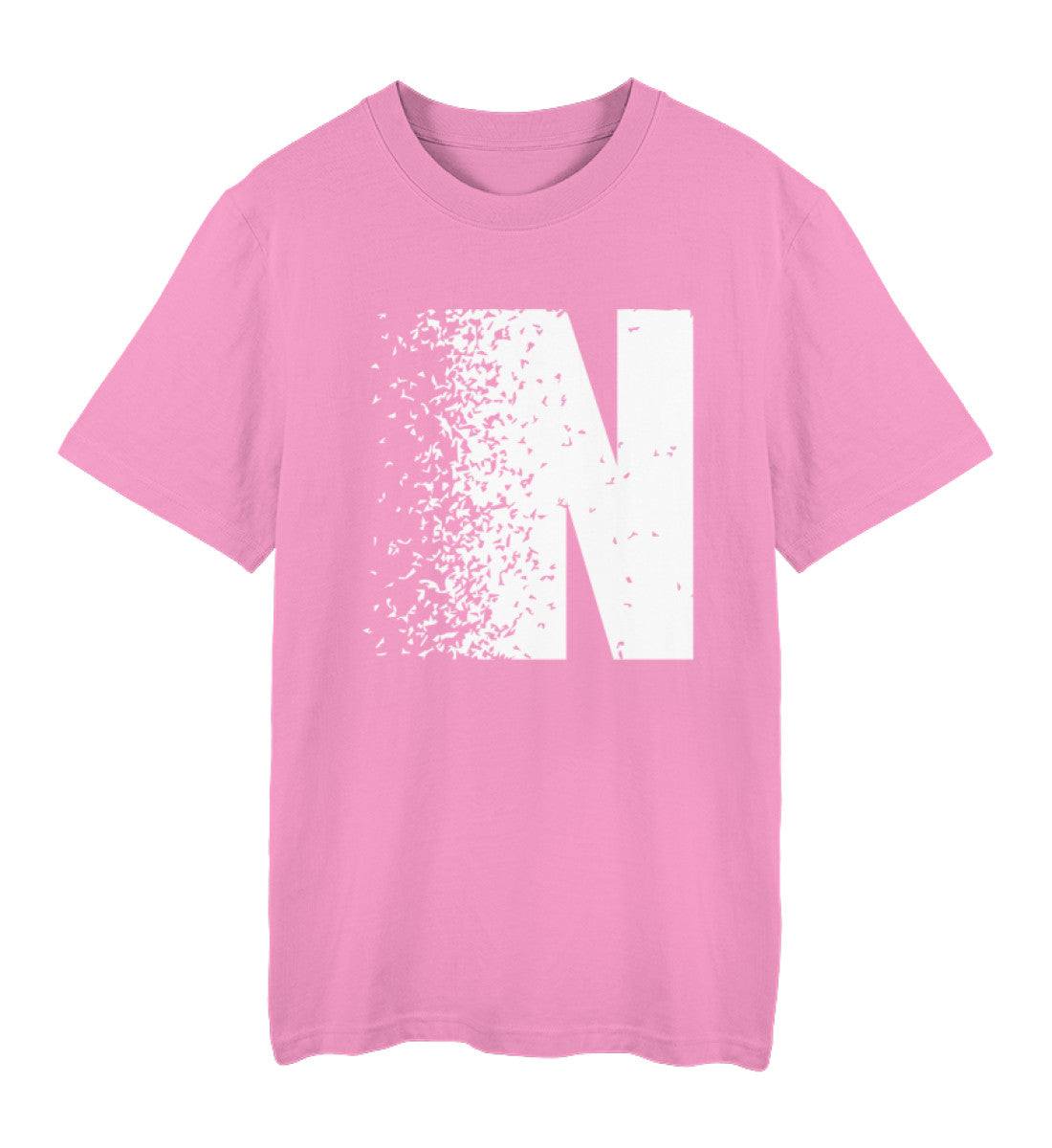 Image of Pink Organic Heavy T-Shirt with white distressed letter N print, made of 100% organic cotton, casual fit, sustainable and eco-friendly design
